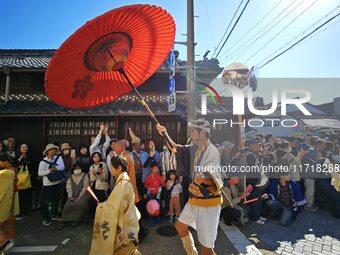 The scene of the ''Ueno Tenjin Festival'' takes place in Ueno Higashimachi, Iga City, Mie Prefecture, Japan, on October 20, 2024. Local peop...