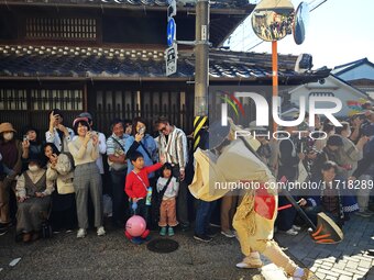 The scene of the ''Ueno Tenjin Festival'' takes place in Ueno Higashimachi, Iga City, Mie Prefecture, Japan, on October 20, 2024. Local peop...