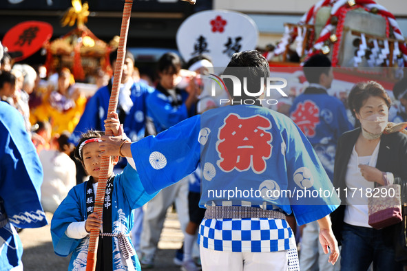 The scene of the ''Ueno Tenjin Festival'' takes place in Ueno Higashimachi, Iga City, Mie Prefecture, Japan, on October 20, 2024. Local peop...