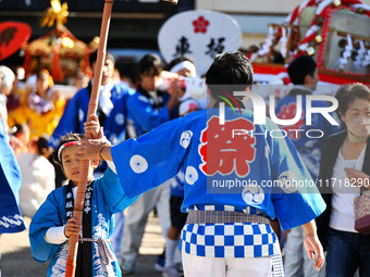 The scene of the ''Ueno Tenjin Festival'' takes place in Ueno Higashimachi, Iga City, Mie Prefecture, Japan, on October 20, 2024. Local peop...