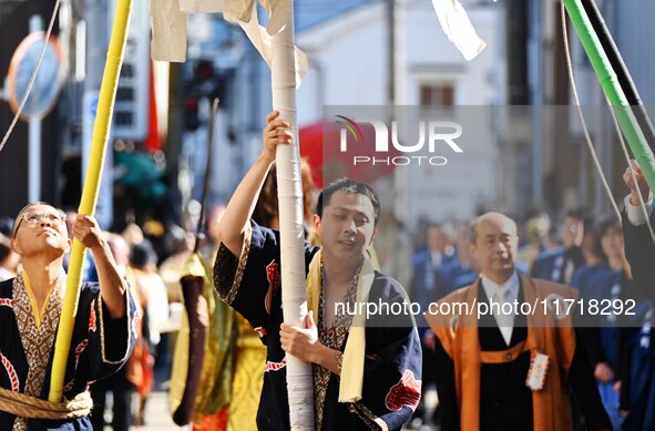 The scene of the ''Ueno Tenjin Festival'' takes place in Ueno Higashimachi, Iga City, Mie Prefecture, Japan, on October 20, 2024. Local peop...