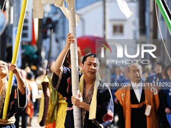 The scene of the ''Ueno Tenjin Festival'' takes place in Ueno Higashimachi, Iga City, Mie Prefecture, Japan, on October 20, 2024. Local peop...