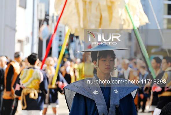 The scene of the ''Ueno Tenjin Festival'' takes place in Ueno Higashimachi, Iga City, Mie Prefecture, Japan, on October 20, 2024. Local peop...