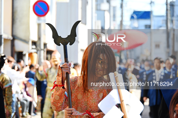 The scene of the ''Ueno Tenjin Festival'' takes place in Ueno Higashimachi, Iga City, Mie Prefecture, Japan, on October 20, 2024. Local peop...