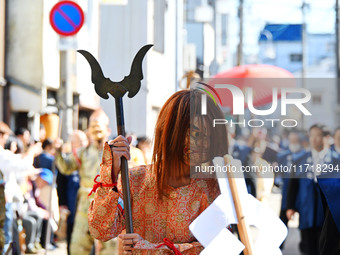 The scene of the ''Ueno Tenjin Festival'' takes place in Ueno Higashimachi, Iga City, Mie Prefecture, Japan, on October 20, 2024. Local peop...