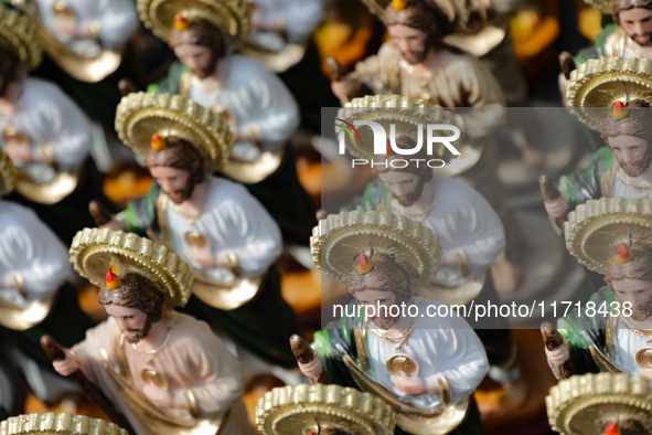 Images of Saint St. Jude Thaddeus are seen outside the Church of San Hipolito during the Saint St. Jude Thaddeus celebration day in Mexico C...