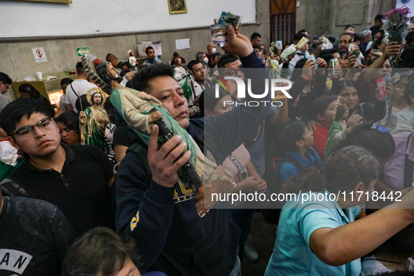 Devotees of Saint St. Jude Thaddeus attend the Church of San Hipolito to bless the images and give thanks for the favors granted in Mexico C...