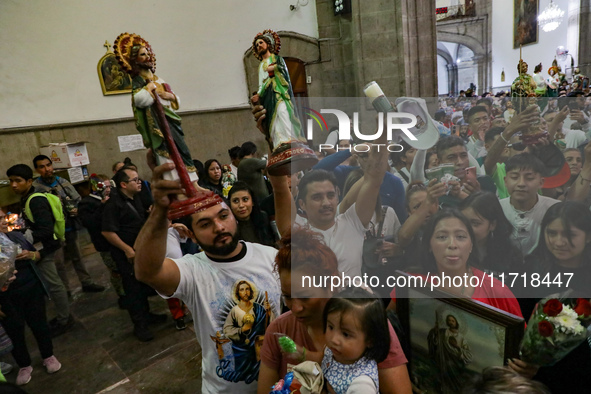 Devotees of Saint St. Jude Thaddeus attend the Church of San Hipolito to bless the images and give thanks for the favors granted in Mexico C...