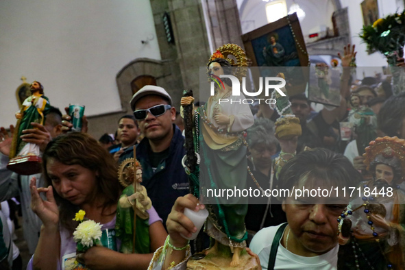 Devotees of Saint St. Jude Thaddeus attend the Church of San Hipolito to bless the images and give thanks for the favors granted in Mexico C...