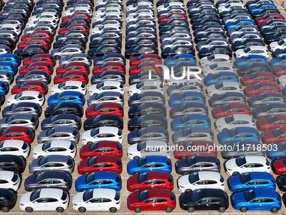 A large number of Chinese-made vehicles gather at Yantai Port waiting to be loaded for export in Yantai, Shandong province, China, on Octobe...