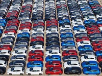 A large number of Chinese-made vehicles gather at Yantai Port waiting to be loaded for export in Yantai, Shandong province, China, on Octobe...