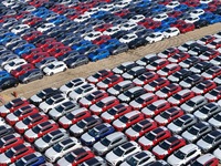 A large number of Chinese-made vehicles gather at Yantai Port waiting to be loaded for export in Yantai, Shandong province, China, on Octobe...