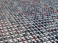 A large number of Chinese-made vehicles gather at Yantai Port waiting to be loaded for export in Yantai, Shandong province, China, on Octobe...