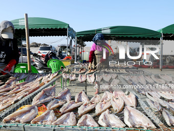 Fishermen dry fish at the fishing port of Xiliandao village in Lianyungang, China, on October 29, 2024. (