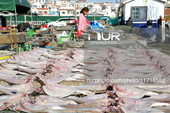 Fishermen dry fish at the fishing port of Xiliandao village in Lianyungang, China, on October 29, 2024. 