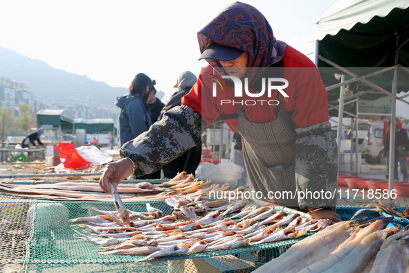 Fishermen dry fish at the fishing port of Xiliandao village in Lianyungang, China, on October 29, 2024. 