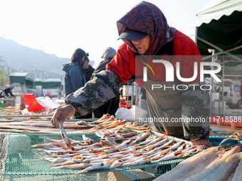 Fishermen dry fish at the fishing port of Xiliandao village in Lianyungang, China, on October 29, 2024. (