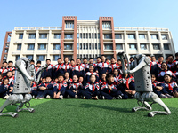 Primary school students interact with a robot dog in Handan, China, on October 29, 2024. (