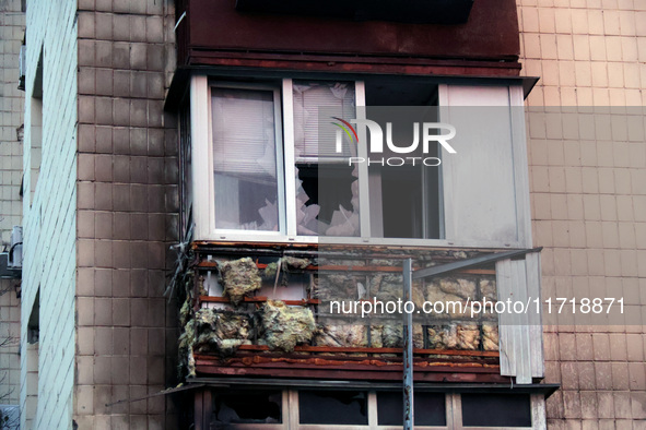 A balcony at an apartment building in the Solomianskyi district is damaged by a Russian drone attack in Kyiv, Ukraine, on October 29, 2024....