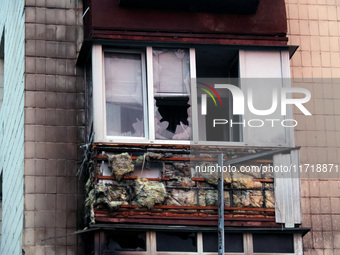 A balcony at an apartment building in the Solomianskyi district is damaged by a Russian drone attack in Kyiv, Ukraine, on October 29, 2024....