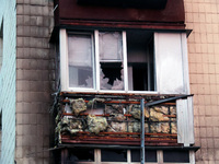 A balcony at an apartment building in the Solomianskyi district is damaged by a Russian drone attack in Kyiv, Ukraine, on October 29, 2024....