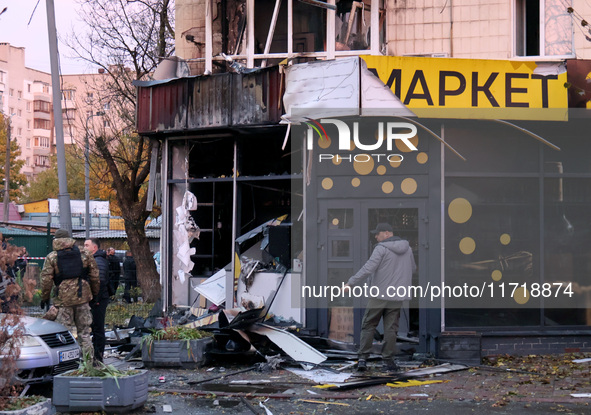 A shop in the Solomianskyi district is damaged by a Russian drone attack in Kyiv, Ukraine, on October 29, 2024. Six people are injured, and...