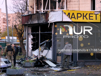 A shop in the Solomianskyi district is damaged by a Russian drone attack in Kyiv, Ukraine, on October 29, 2024. Six people are injured, and...