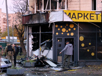 A shop in the Solomianskyi district is damaged by a Russian drone attack in Kyiv, Ukraine, on October 29, 2024. Six people are injured, and...