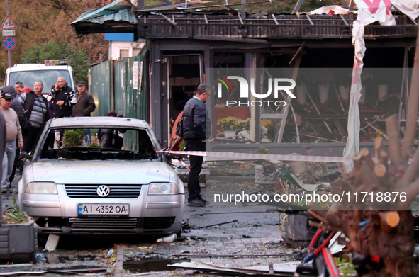 Damage is seen in the Solomianskyi district after a Russian drone attack in Kyiv, Ukraine, on October 29, 2024. Six people are injured, and...