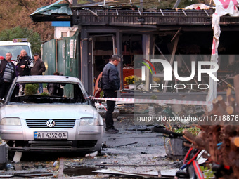 Damage is seen in the Solomianskyi district after a Russian drone attack in Kyiv, Ukraine, on October 29, 2024. Six people are injured, and...