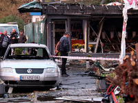 Damage is seen in the Solomianskyi district after a Russian drone attack in Kyiv, Ukraine, on October 29, 2024. Six people are injured, and...