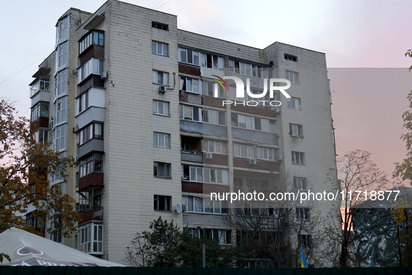 An apartment block in the Solomianskyi district is damaged by a Russian drone attack in Kyiv, Ukraine, on October 29, 2024. Six people are i...