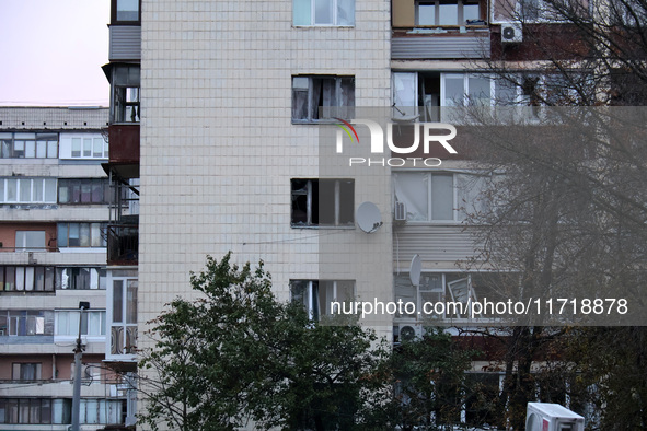 An apartment block in the Solomianskyi district is damaged by a Russian drone attack in Kyiv, Ukraine, on October 29, 2024. Six people are i...