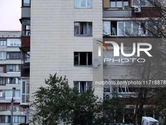 An apartment block in the Solomianskyi district is damaged by a Russian drone attack in Kyiv, Ukraine, on October 29, 2024. Six people are i...