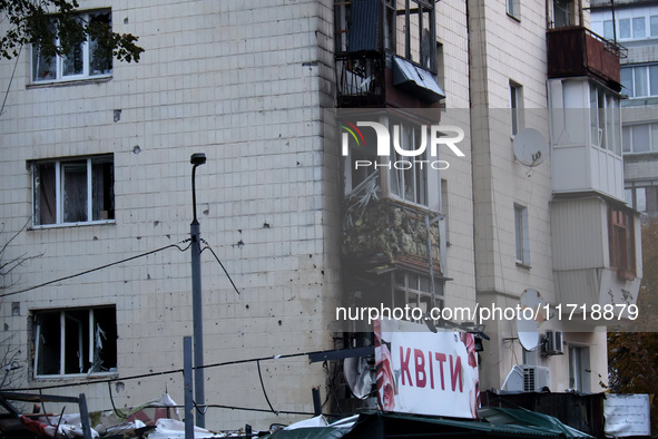 An apartment block in the Solomianskyi district is damaged by a Russian drone attack in Kyiv, Ukraine, on October 29, 2024. Six people are i...