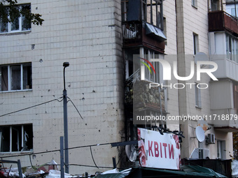 An apartment block in the Solomianskyi district is damaged by a Russian drone attack in Kyiv, Ukraine, on October 29, 2024. Six people are i...