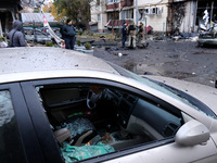 A car is damaged by a Russian drone attack in Kyiv, Ukraine, on October 29, 2024. Six people are injured, and 15 people are evacuated as a r...