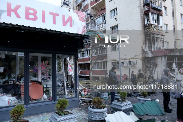 A flower shop in the Solomianskyi district is damaged by a Russian drone attack in Kyiv, Ukraine, on October 29, 2024. Six people are injure...