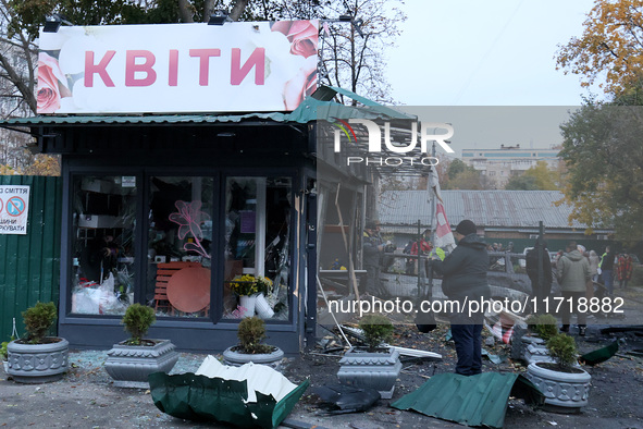 A flower shop in the Solomianskyi district is damaged by a Russian drone attack in Kyiv, Ukraine, on October 29, 2024. Six people are injure...