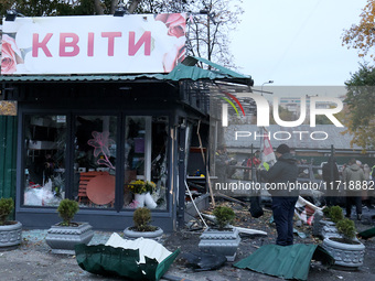 A flower shop in the Solomianskyi district is damaged by a Russian drone attack in Kyiv, Ukraine, on October 29, 2024. Six people are injure...