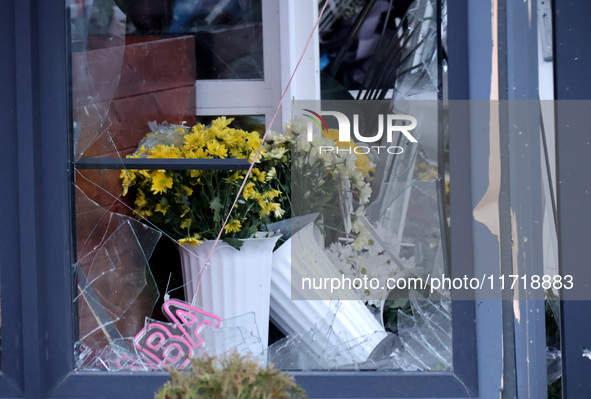 A flower shop in the Solomianskyi district is damaged by a Russian drone attack in Kyiv, Ukraine, on October 29, 2024. Six people are injure...