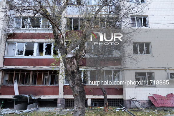 An apartment block in the Solomianskyi district is damaged by a Russian drone attack in Kyiv, Ukraine, on October 29, 2024. Six people are i...