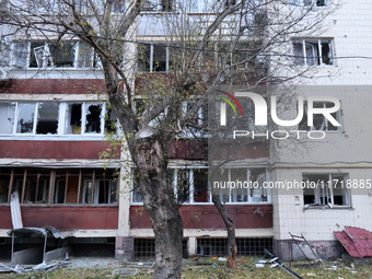 An apartment block in the Solomianskyi district is damaged by a Russian drone attack in Kyiv, Ukraine, on October 29, 2024. Six people are i...