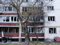 An apartment block in the Solomianskyi district is damaged by a Russian drone attack in Kyiv, Ukraine, on October 29, 2024. Six people are i...