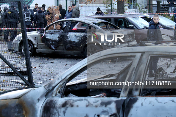 Cars in the Solomianskyi district are damaged by a Russian drone attack in Kyiv, Ukraine, on October 29, 2024. Six people are injured, and 1...