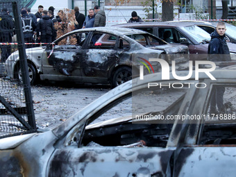 Cars in the Solomianskyi district are damaged by a Russian drone attack in Kyiv, Ukraine, on October 29, 2024. Six people are injured, and 1...