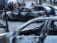 Cars in the Solomianskyi district are damaged by a Russian drone attack in Kyiv, Ukraine, on October 29, 2024. Six people are injured, and 1...