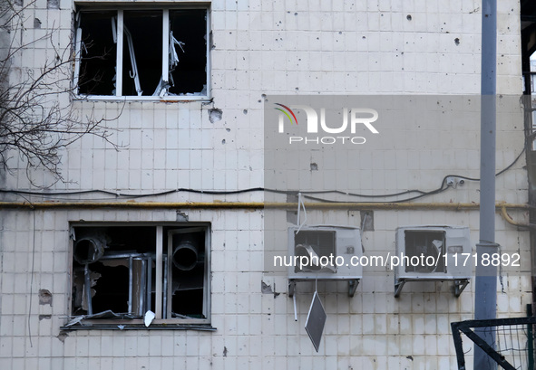 An apartment block in the Solomianskyi district is damaged by a Russian drone attack in Kyiv, Ukraine, on October 29, 2024. Six people are i...