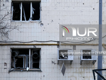 An apartment block in the Solomianskyi district is damaged by a Russian drone attack in Kyiv, Ukraine, on October 29, 2024. Six people are i...