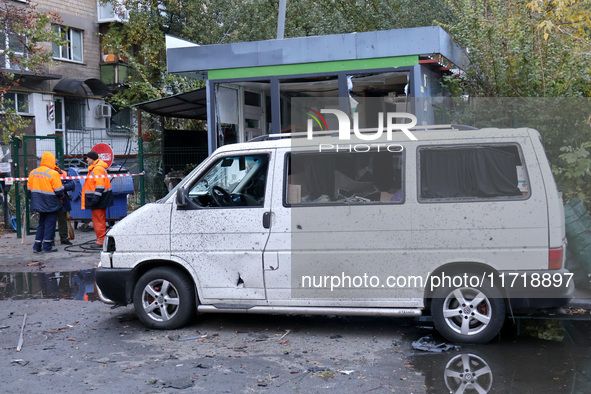 A van in the Solomianskyi district is damaged by a Russian drone attack in Kyiv, Ukraine, on October 29, 2024. Six people are injured, and 1...